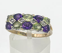 Load image into Gallery viewer, 1997: Vintage: 9ct Gold Amethyst. Peridot, Diamonds Suffragette Homage Stacker Ring- Elegant combination