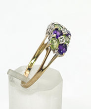 Load image into Gallery viewer, 1997: Vintage: 9ct Gold Amethyst. Peridot, Diamonds Suffragette Homage Stacker Ring- Elegant combination