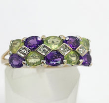 Load image into Gallery viewer, 1997: Vintage: 9ct Gold Amethyst. Peridot, Diamonds Suffragette Homage Stacker Ring- Elegant combination