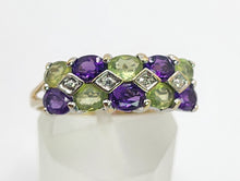 Load image into Gallery viewer, 1997: Vintage: 9ct Gold Amethyst. Peridot, Diamonds Suffragette Homage Stacker Ring- Elegant combination
