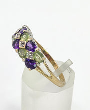 Load image into Gallery viewer, 1997: Vintage: 9ct Gold Amethyst. Peridot, Diamonds Suffragette Homage Stacker Ring- Elegant combination