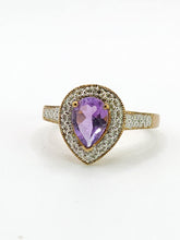 Load image into Gallery viewer, 1849: Vintage: 9ct Gold Pear-Cut Lilac Amethyst Diamonds Dress Ring-Lovely combination