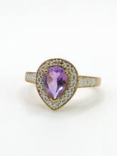 Load image into Gallery viewer, 1849: Vintage: 9ct Gold Pear-Cut Lilac Amethyst Diamonds Dress Ring-Lovely combination