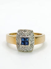 Load image into Gallery viewer, 1945: Vintage: 9crt Gold Art Deco Style Geometric Set Sapphires & Diamonds Statement Ring- lovely example