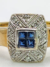 Load image into Gallery viewer, 1945: Vintage: 9crt Gold Art Deco Style Geometric Set Sapphires & Diamonds Statement Ring- lovely example