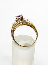 Load image into Gallery viewer, Vintage; 9ct Gold Emerald Cut Lilac Amethyst Diamonds 3-Stone Ring