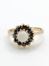 Load image into Gallery viewer, 2090: Vintage; 9ct Gold White Opal 12 Blue Sapphires Flower head Ring- From 1976
