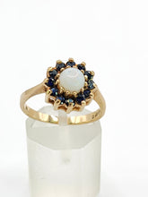 Load image into Gallery viewer, 2090: Vintage; 9ct Gold White Opal 12 Blue Sapphires Flower head Ring- From 1976