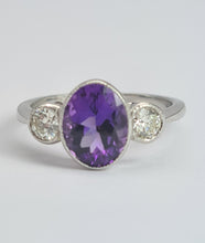 Load image into Gallery viewer, 1955: Vintage: Platinum Amethyst (1.64ct) Diamonds (0.5ct) 3-Stone Straight Ring- an absolute beauty.