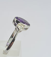 Load image into Gallery viewer, 1955: Vintage: Platinum Amethyst (1.64ct) Diamonds (0.5ct) 3-Stone Straight Ring- an absolute beauty.