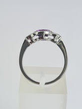 Load image into Gallery viewer, 1955: Vintage: Platinum Amethyst (1.64ct) Diamonds (0.5ct) 3-Stone Straight Ring- an absolute beauty.