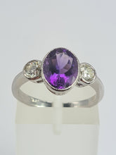 Load image into Gallery viewer, 1955: Vintage: Platinum Amethyst (1.64ct) Diamonds (0.5ct) 3-Stone Straight Ring- an absolute beauty.