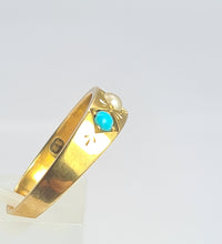 Load image into Gallery viewer, 2105: Antique: 18ct Gold Turquoise Seed Pearl Dress/Stacker Ring- From 1891 - Yes really