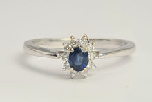 Load image into Gallery viewer, 2107: Vintage: 18ct White Gold Cornflower Blue 10 Natural Diamonds Halo Ring- Crisp, clean eye candy-