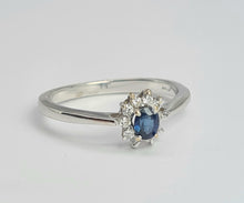 Load image into Gallery viewer, 2107: Vintage: 18ct White Gold Cornflower Blue 10 Natural Diamonds Halo Ring- Crisp, clean eye candy-