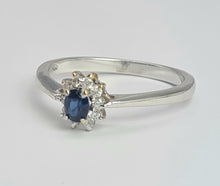 Load image into Gallery viewer, 2107: Vintage: 18ct White Gold Cornflower Blue 10 Natural Diamonds Halo Ring- Crisp, clean eye candy-