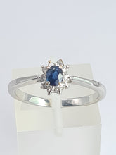 Load image into Gallery viewer, 2107: Vintage: 18ct White Gold Cornflower Blue 10 Natural Diamonds Halo Ring- Crisp, clean eye candy-