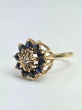 Load image into Gallery viewer, 2121: Vintage: 9ct Gold Diamond Blue Sapphires Diamonds Flower Head Ring- from 1980