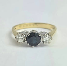 Load image into Gallery viewer, 2071: Vintage; 18ct Gold French Blue Sapphire Diamonds (0.3ct) Three Stone Ring- From 1984