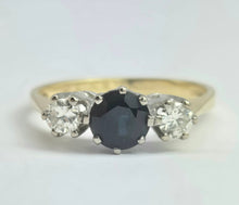 Load image into Gallery viewer, 2071: Vintage; 18ct Gold French Blue Sapphire Diamonds (0.3ct) Three Stone Ring- From 1984