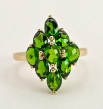 Cargar imagen en el visor de la galería, 2126: Vintage: 9ct Gold Green Diopsides Geometric Cocktail Ring- she scintillates 