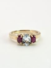 Load image into Gallery viewer, 2160: Vintage; 9ct Gold Blue Aquamarine Scarlet Red Topaz Dress Ring- seductive combination