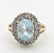 Load image into Gallery viewer, 1764: Vintage: 9ct Gold Swiss Blue Topaz 16 Diamonds Diana Style Cluster Ring