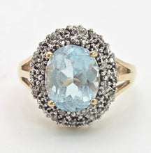 Load image into Gallery viewer, 1764: Vintage: 9ct Gold Swiss Blue Topaz 16 Diamonds Diana Style Cluster Ring
