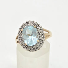 Load image into Gallery viewer, 1764: Vintage: 9ct Gold Swiss Blue Topaz 16 Diamonds Diana Style Cluster Ring