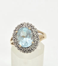 Load image into Gallery viewer, 1764: Vintage: 9ct Gold Swiss Blue Topaz 16 Diamonds Diana Style Cluster Ring