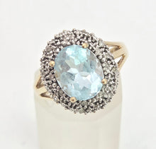 Load image into Gallery viewer, 1764: Vintage: 9ct Gold Swiss Blue Topaz 16 Diamonds Diana Style Cluster Ring
