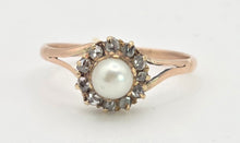 Load image into Gallery viewer, Antique: 9ct Rose Gold Cultured Pearl 11 Natural Diamonds Dress Ring