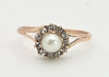 Load image into Gallery viewer, Antique: 9ct Rose Gold Cultured Pearl 11 Natural Diamonds Dress Ring