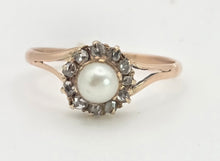 Load image into Gallery viewer, Antique: 9ct Rose Gold Cultured Pearl 11 Natural Diamonds Dress Ring
