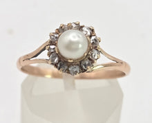 Load image into Gallery viewer, Antique: 9ct Rose Gold Cultured Pearl 11 Natural Diamonds Dress Ring