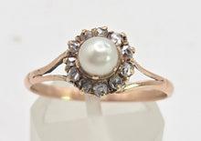 Load image into Gallery viewer, Antique: 9ct Rose Gold Cultured Pearl 11 Natural Diamonds Dress Ring