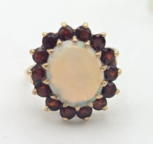 Load image into Gallery viewer, Vintage: Classic 9ct Gold White Opal 14 Red Garnets Flower Head Ring