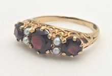 Load image into Gallery viewer, 2351: Vintage/Antique: 9ct Gold Rich Red Garnet Seed Pearls Half-Hoop Ring