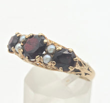 Load image into Gallery viewer, 2351: Vintage/Antique: 9ct Gold Rich Red Garnet Seed Pearls Half-Hoop Ring