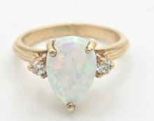 Load image into Gallery viewer, Vintage: 14ct Gold Cabochon White Opal Diamonds 3-Stone Ring