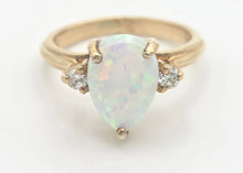 Load image into Gallery viewer, Vintage: 14ct Gold Cabochon White Opal Diamonds 3-Stone Ring