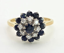 Load image into Gallery viewer, 6412 Vintage 18ct Gold 13 Blue Sapphires 8 Natural Diamonds Flower Head Ring- From 1969
