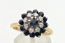 Load image into Gallery viewer, 6412 Vintage 18ct Gold 13 Blue Sapphires 8 Natural Diamonds Flower Head Ring- From 1969