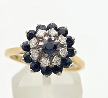 Load image into Gallery viewer, 6412 Vintage 18ct Gold 13 Blue Sapphires 8 Natural Diamonds Flower Head Ring- From 1969