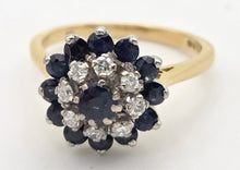 Load image into Gallery viewer, 6412 Vintage 18ct Gold 13 Blue Sapphires 8 Natural Diamonds Flower Head Ring- From 1969