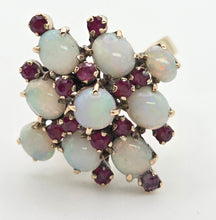 Load image into Gallery viewer, 6466: Vintage:18ct Gold 9 Opals 14 Garnets Geometric Cocktail Ring