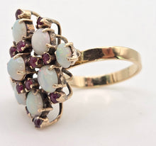 Load image into Gallery viewer, 6466: Vintage:18ct Gold 9 Opals 14 Garnets Geometric Cocktail Ring