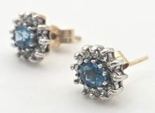 Load image into Gallery viewer, 2260 Vintage: 9ct Gold Blue Topaz 24 Natural Diamonds Stud Earrings