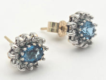 Load image into Gallery viewer, 2260 Vintage: 9ct Gold Blue Topaz 24 Natural Diamonds Stud Earrings