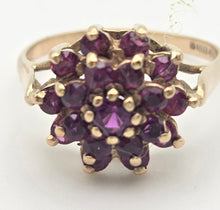 Load image into Gallery viewer, 2250 Vintage: 9ct Gold 19 Rich Red Rubies Flower Head Cluster Ring- From 1974